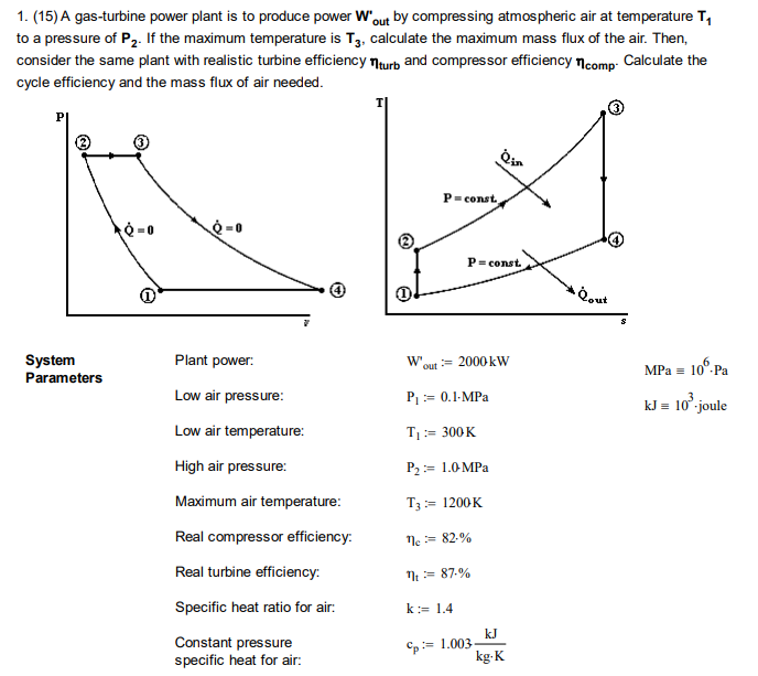 Solved 1. (15) A gas-turbine power plant is to produce power | Chegg.com