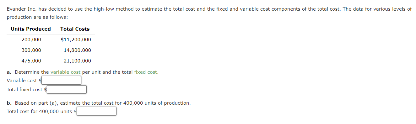Solved Evander Inc. has decided to use the high-low method | Chegg.com