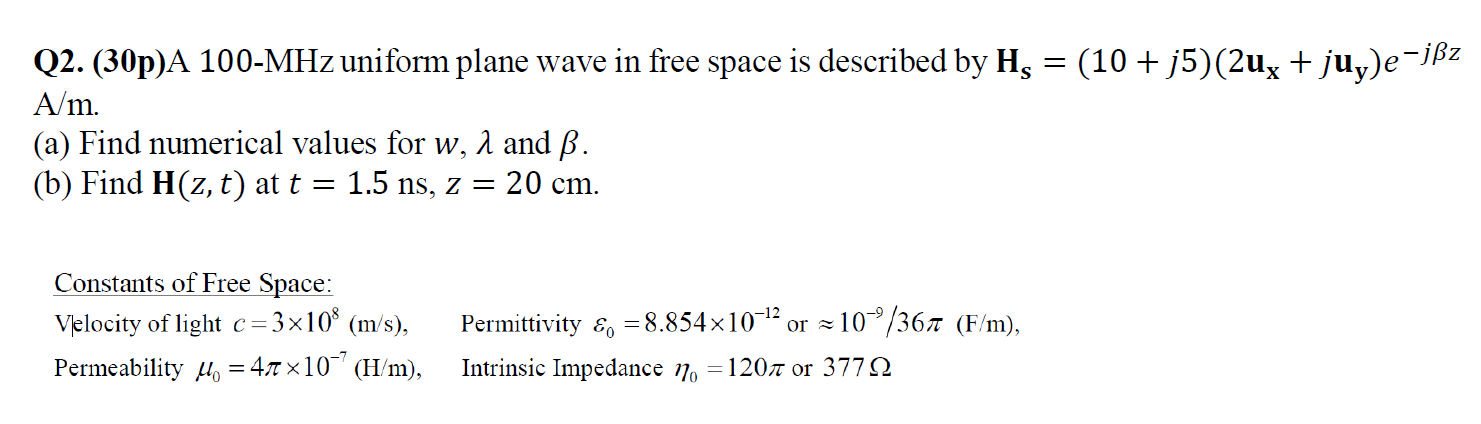 Solved Juy E Jssz Q2 30p A 100 Mhz Uniform Plane Wave In Chegg Com