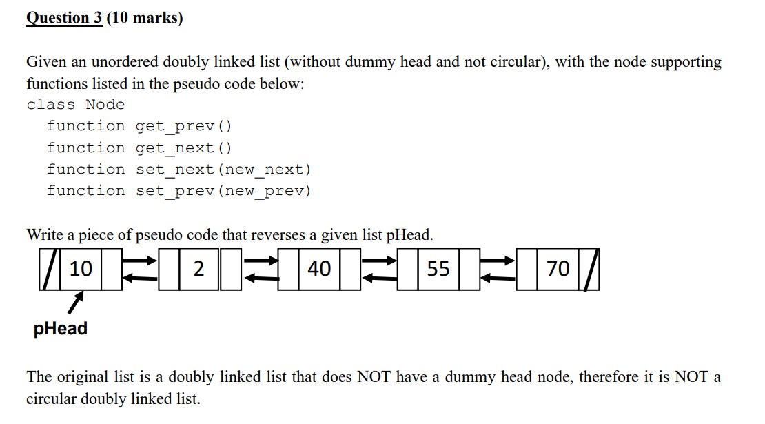 Solved Given an unordered doubly linked list (without dummy | Chegg.com