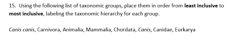 Solved 15. Using the following list of taxonomic groups, | Chegg.com
