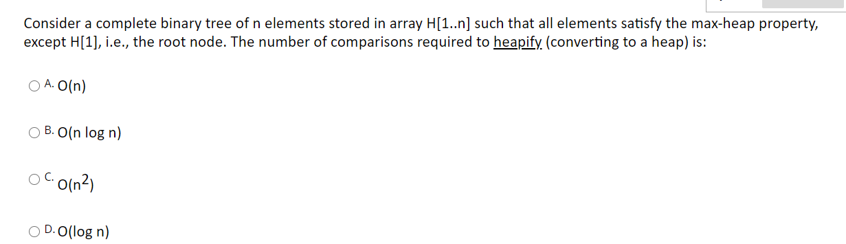 Solved Consider a complete binary tree of n elements stored | Chegg.com