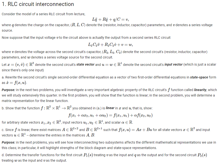 Solved 1. RLC Circuit Interconnection Consider The Model Of | Chegg.com