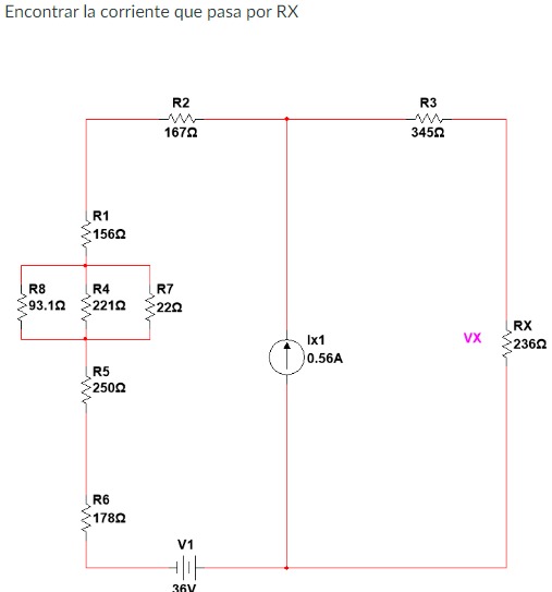 Encontrar la corriente que pasa por RX