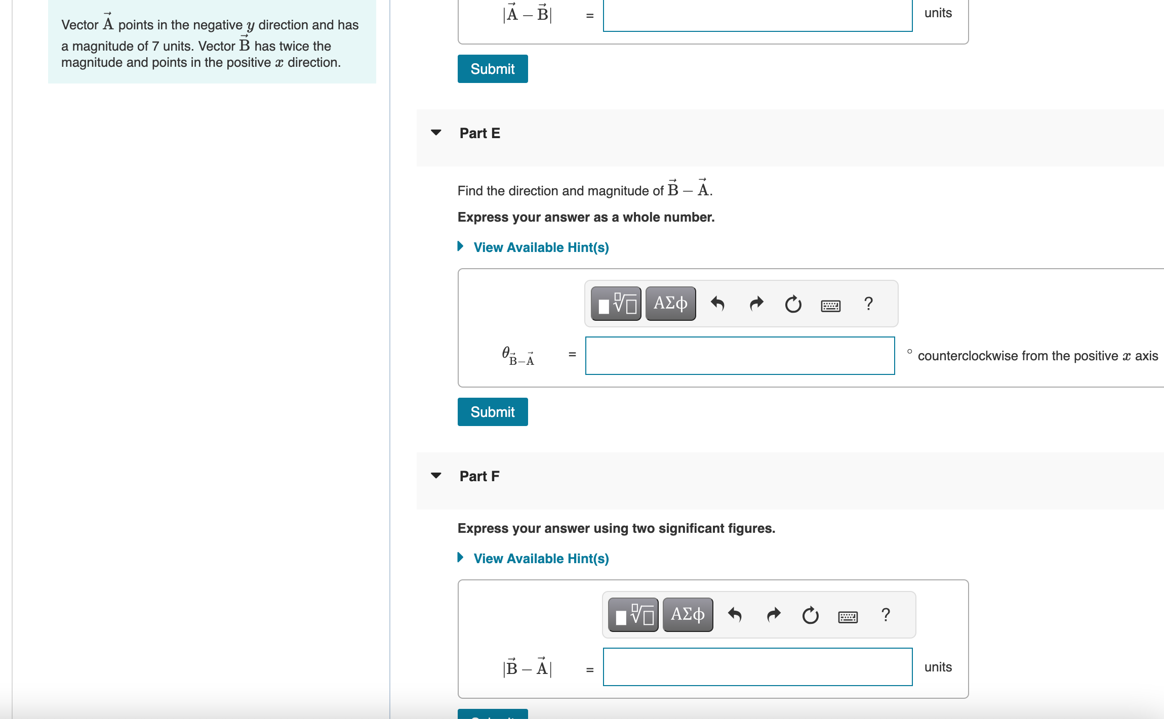 Solved Vector A points in the negative y direction and has a | Chegg.com