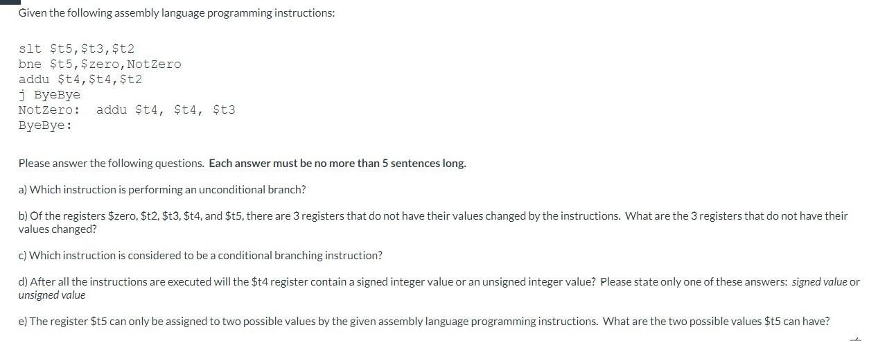 Solved Given The Following Assembly Language Programming | Chegg.com