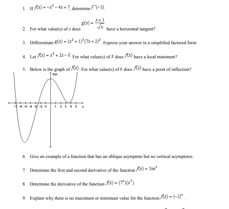 Solved 1. If f(x)=−x2−4x+7, determine f′(−3). 2. For what | Chegg.com