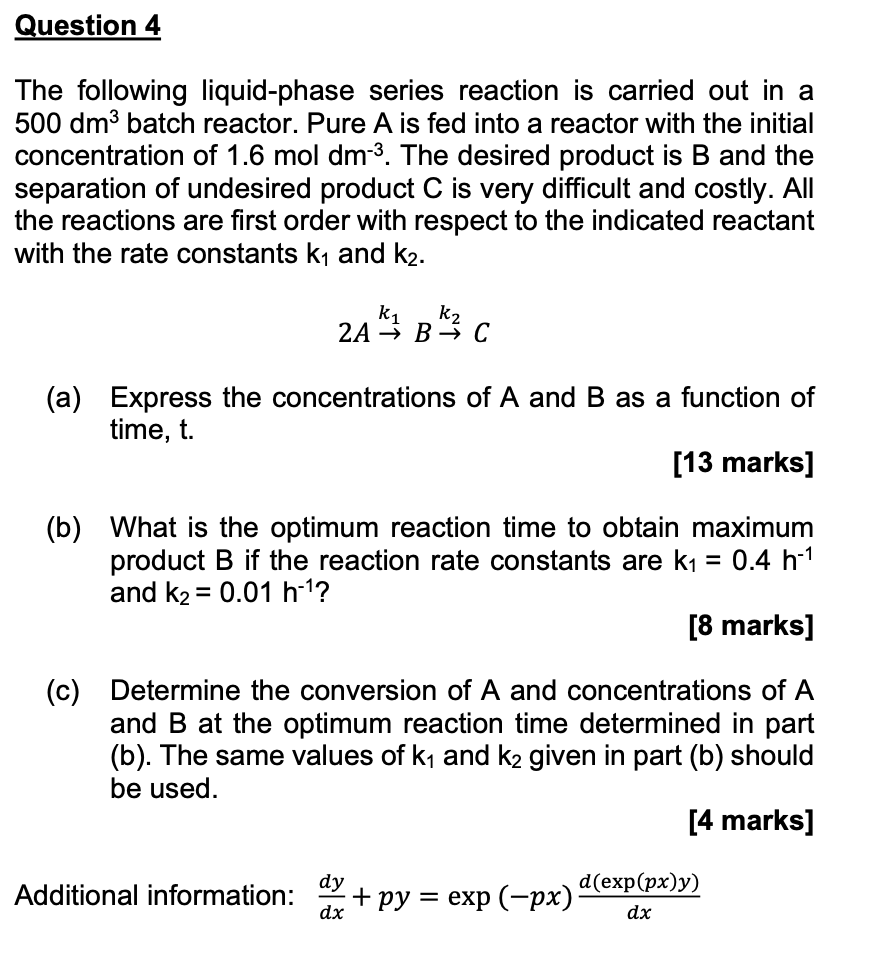Solved The following liquid-phase series reaction is carried | Chegg.com