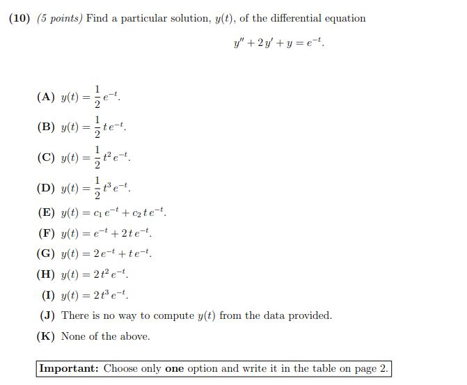 Solved 10 5 Points Find A Particular Solution Y T Chegg Com