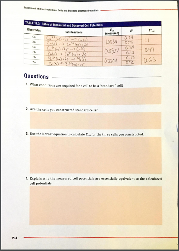 Solved Experiment 1: Electrochemical Cells And Standard | Chegg.com