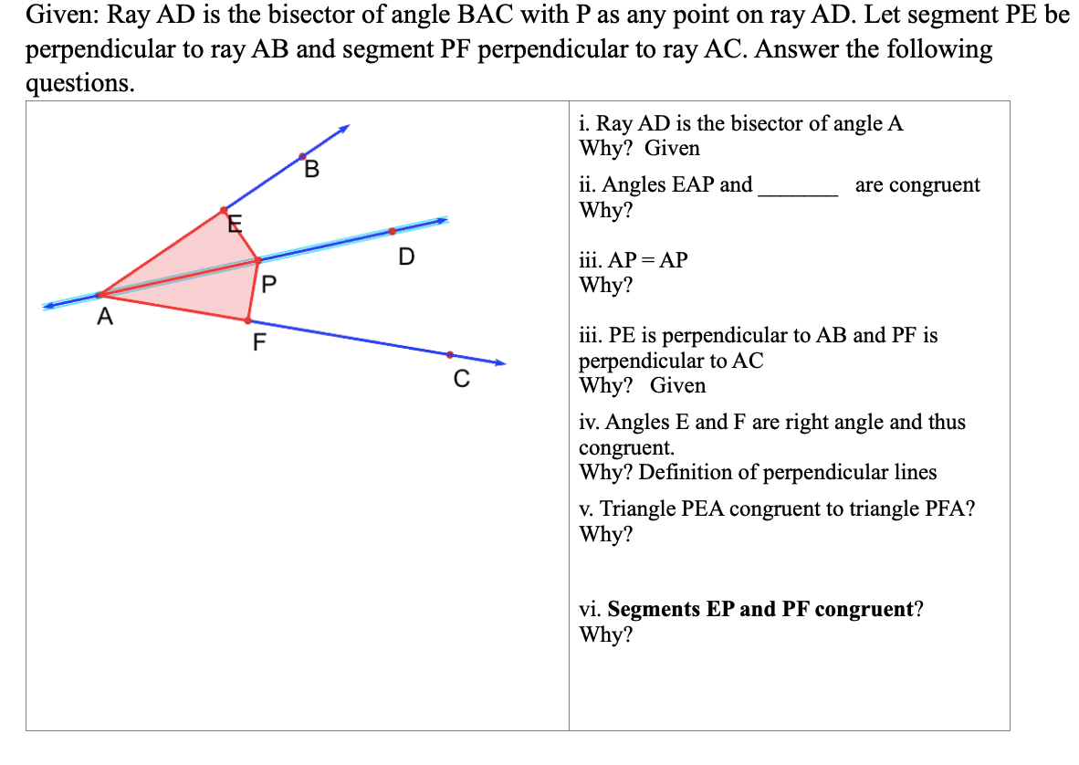 Solved Given Ray Ad Is The Bisector Of Angle Bac With P Chegg Com