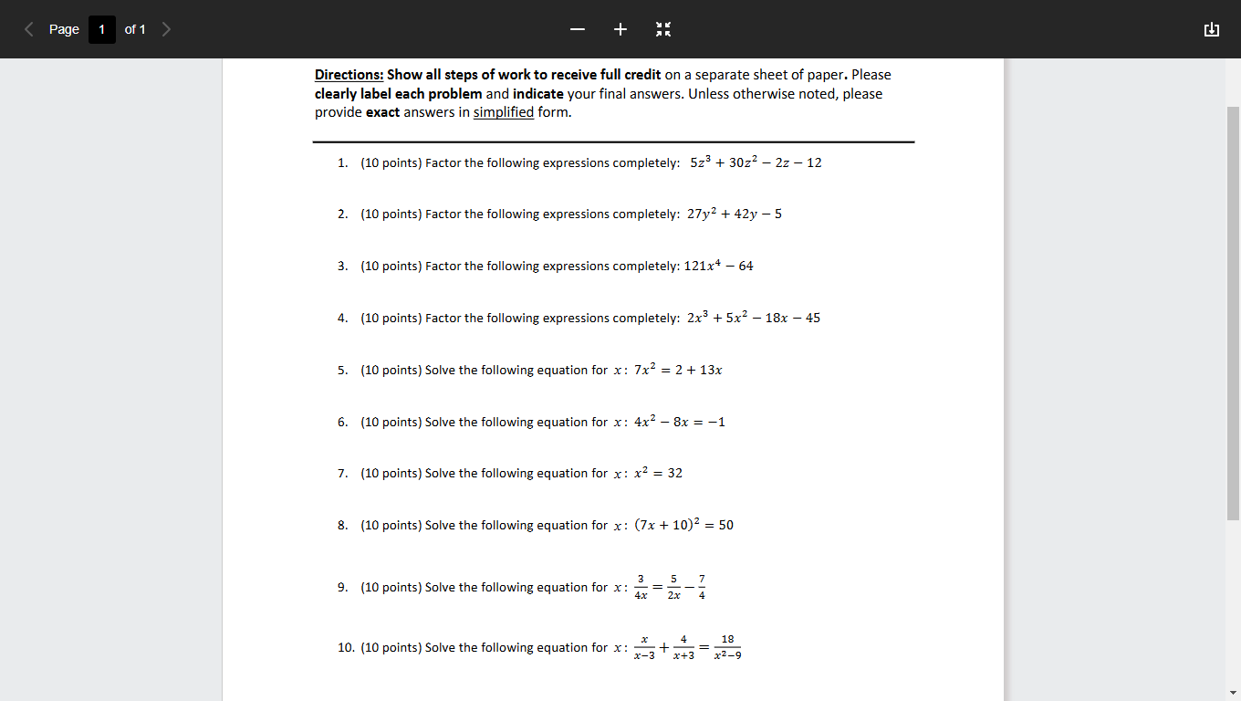 Solved Directions: Show all steps of ﻿work to ﻿receive full | Chegg.com