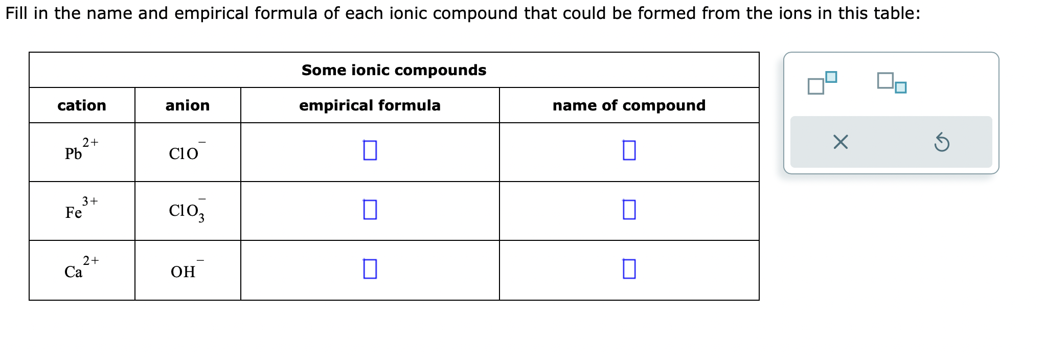 Solved Fill in the name and empirical formula of each ionic | Chegg.com