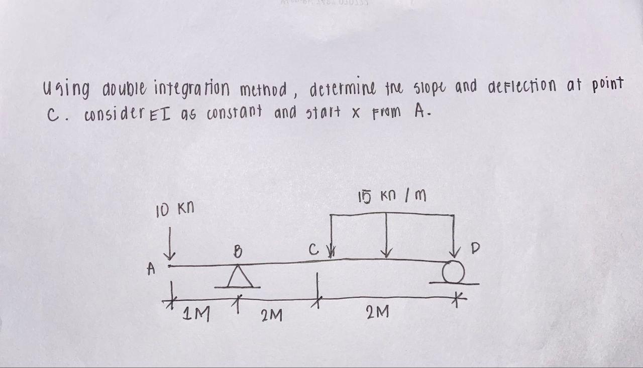 using double integration method, determine the slope and deflection at point C. considerEI as constant and start \( x \) from