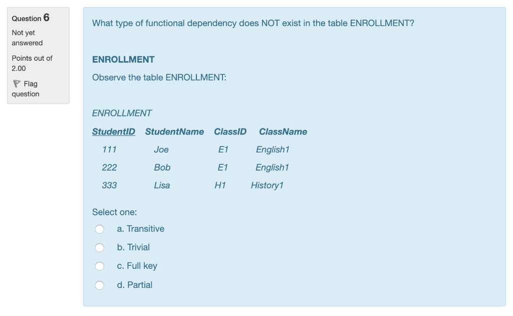 Question 6 What type of functional dependency does NOT exist in the table ENROLLMENT? Not yet answered Points out of 2.00 ENR