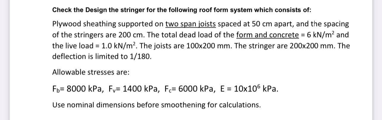 Solved Check the Design the stringer for the following roof | Chegg.com