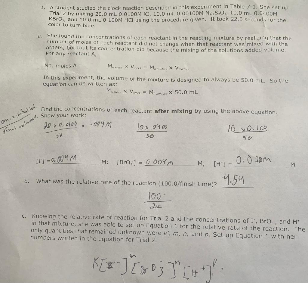 1. A student studied the clock reaction described in | Chegg.com