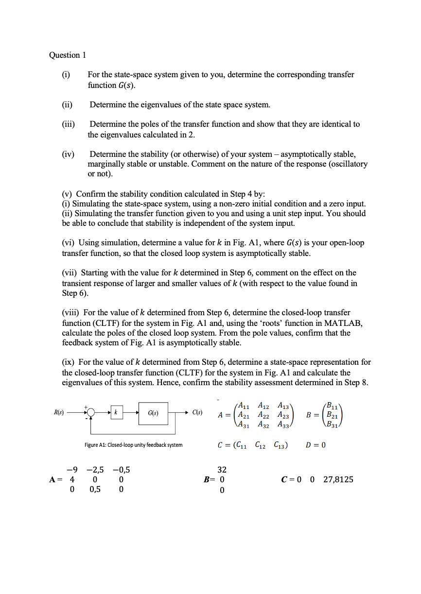 Solved Question 1 (i) For the state-space system given to | Chegg.com