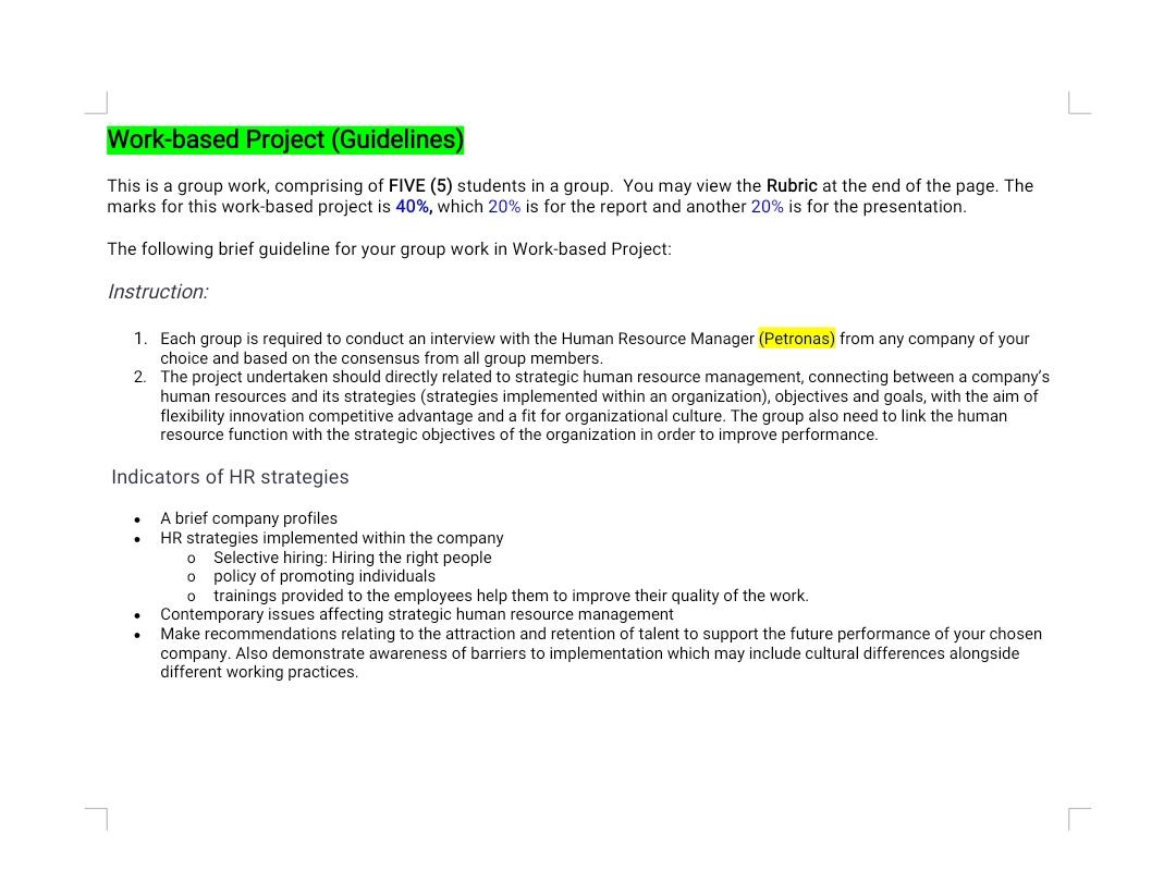 Work-based Project (Guidelines) This is a group work, | Chegg.com