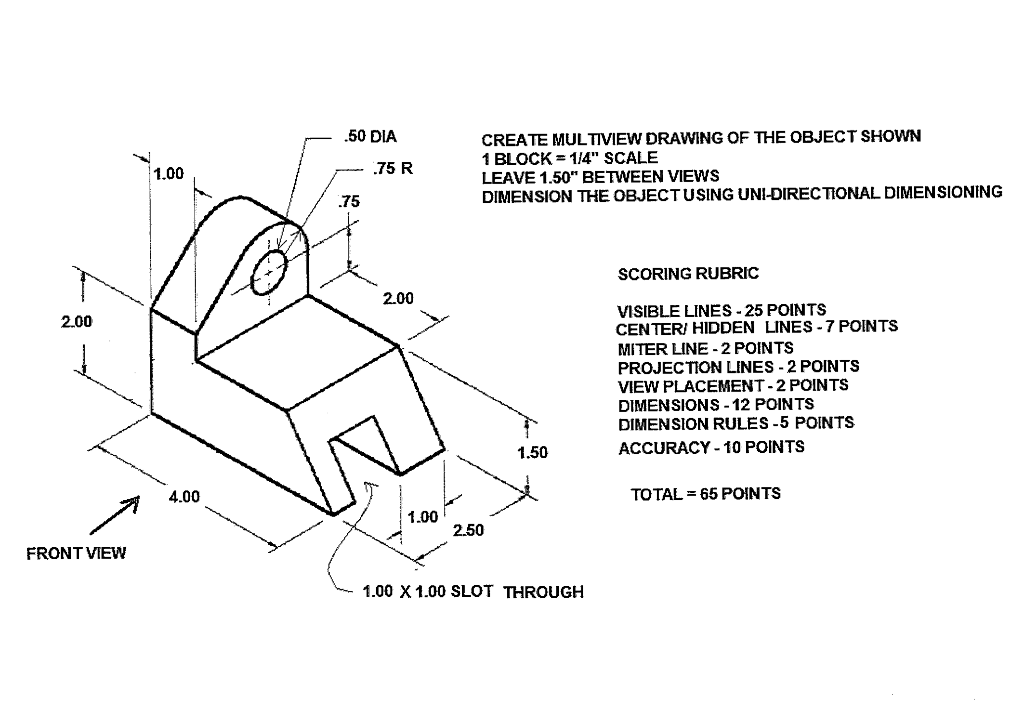 Solved .50 DIA 1.00 .75 R CREATE MULTIVIEW DRAWING OF THE | Chegg.com