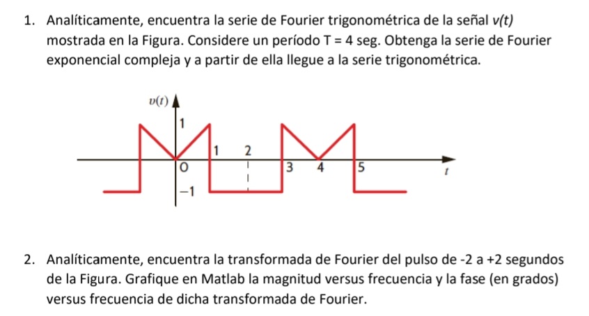 1. Analíticamente, encuentra la serie de Fourier trigonométrica de la señal \( v(t) \) mostrada en la Figura. Considere un pe