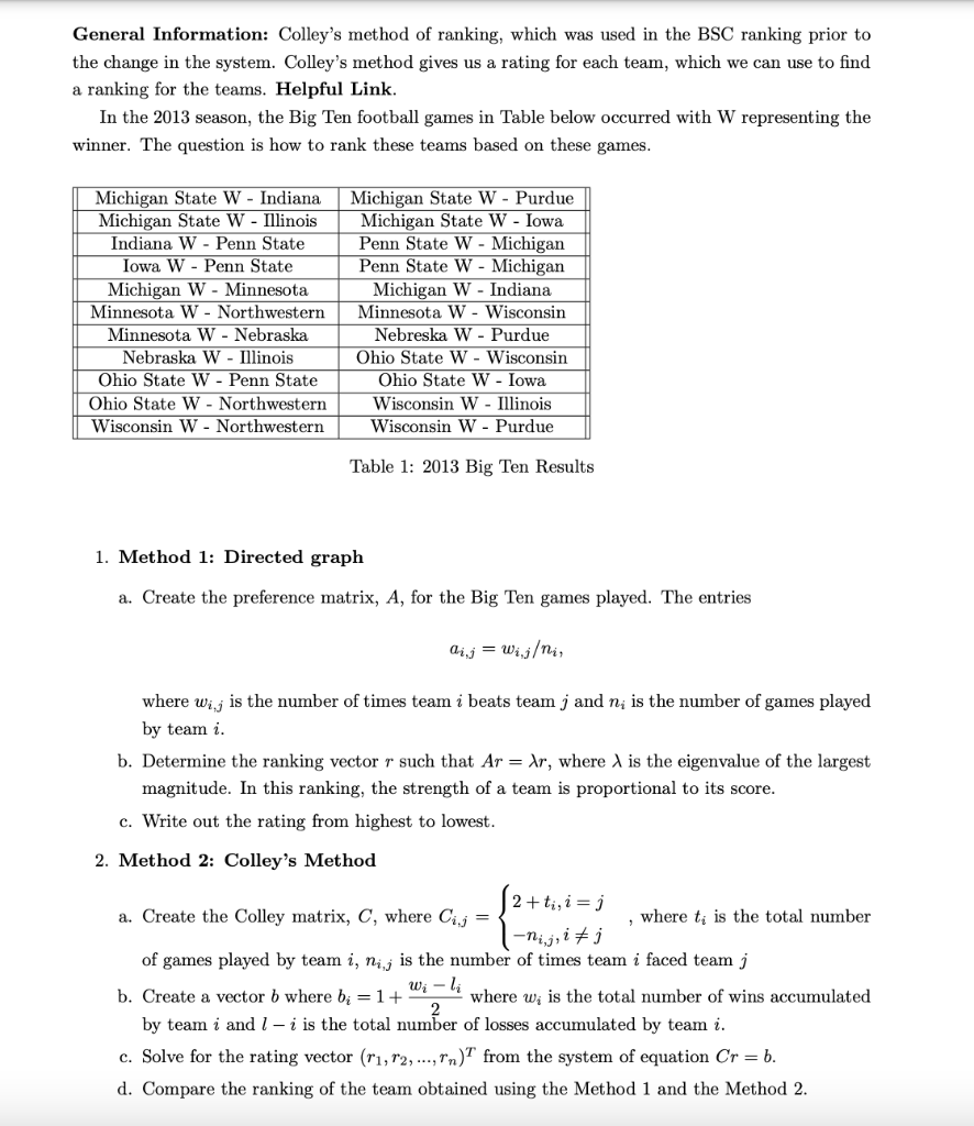 General Information: Colley's method of ranking, | Chegg.com