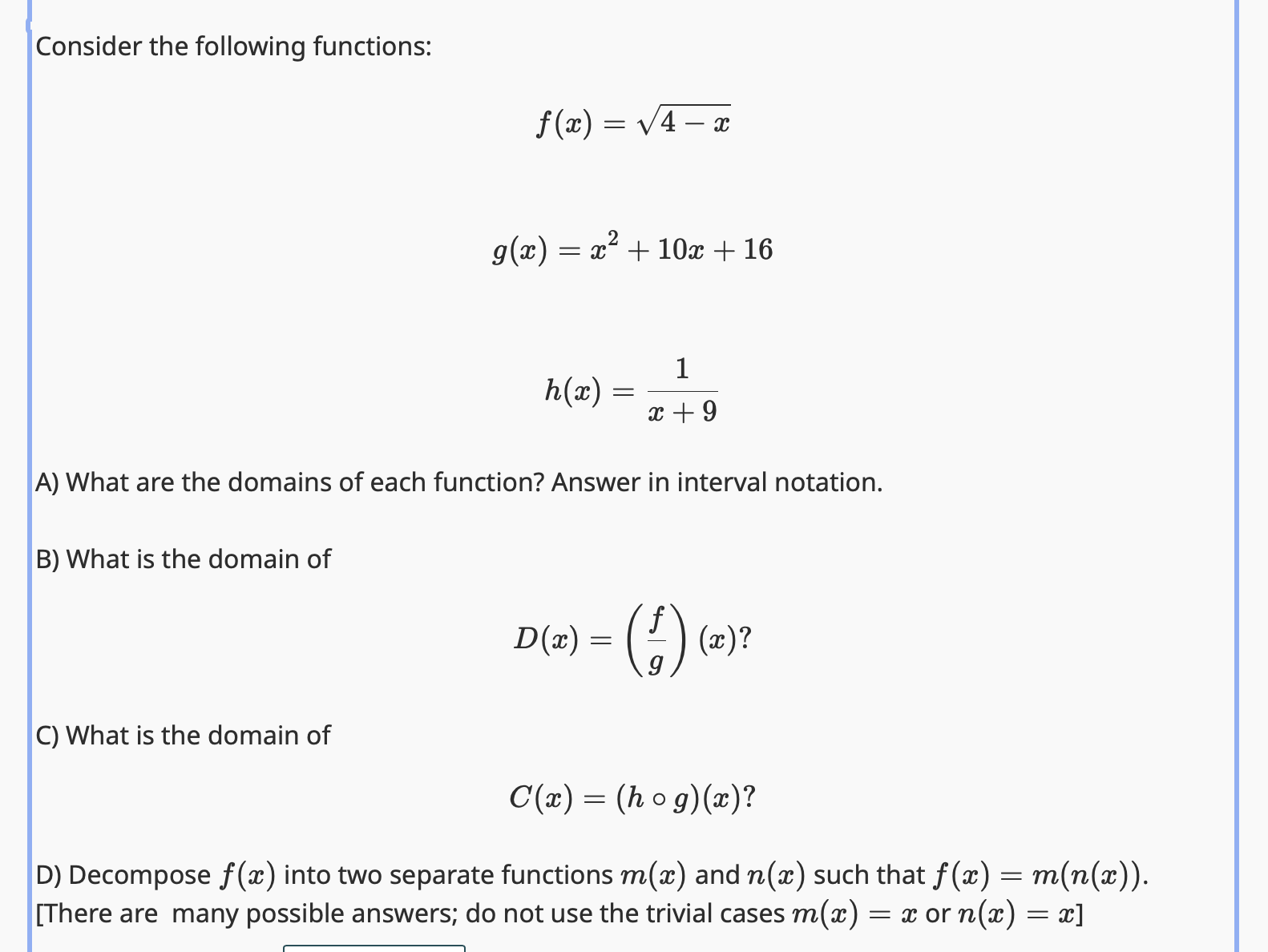 Solved Consider the following functions: f(x)=4−x | Chegg.com