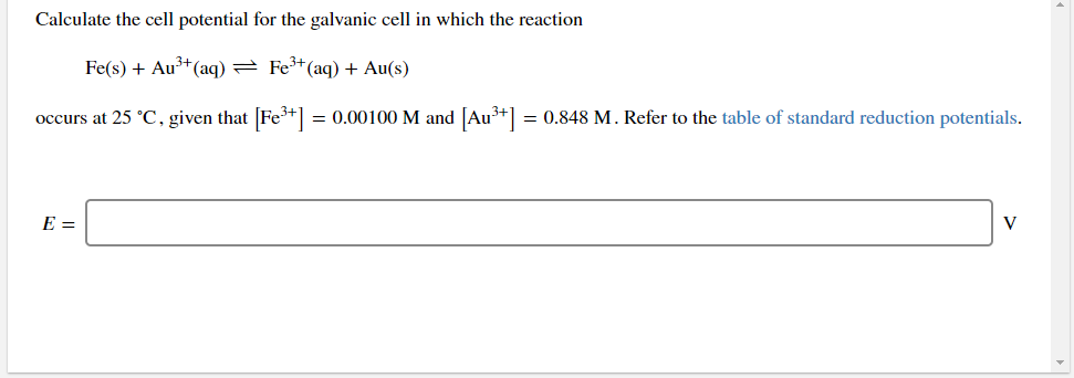Solved Calculate the cell potential for the galvanic cell in | Chegg.com