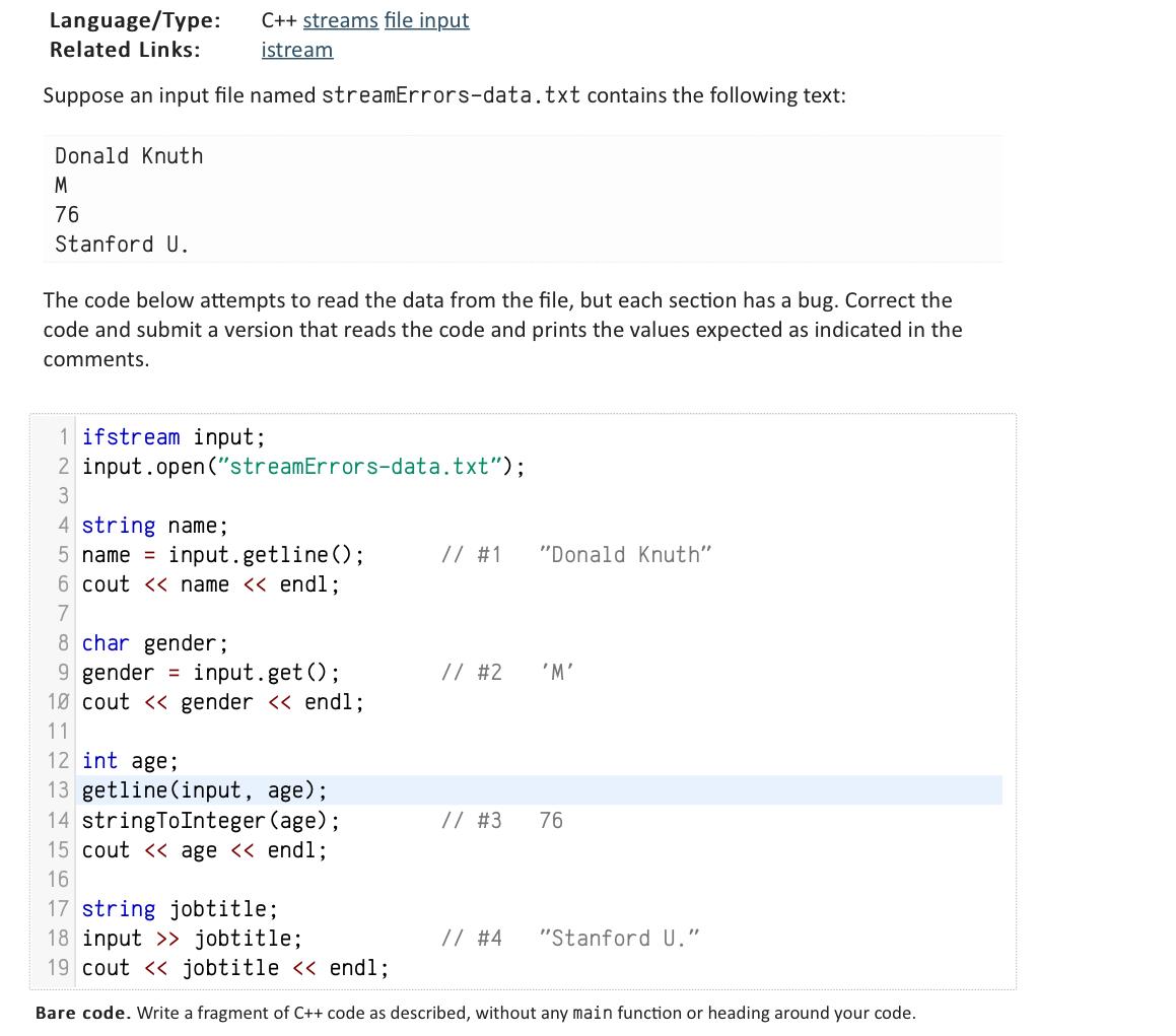 Solved Language/Type: Related Links: C++ streams file input | Chegg.com