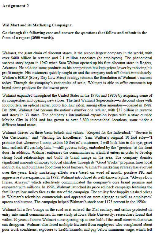 Solved Assignment 2 Wal Mart and its Marketing Campaigns: Go | Chegg.com
