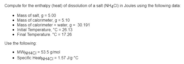 Solved Compute for the enthalpy (heat) of dissolution of a | Chegg.com