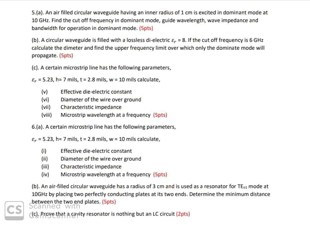 5.(a). An air filled circular waveguide having an | Chegg.com
