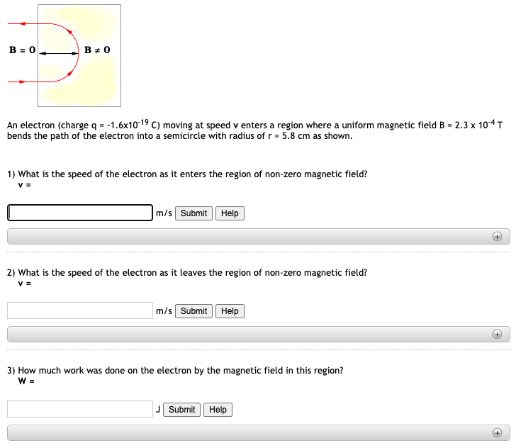 An electron (charge \( q=-1.6 \times 10^{-19} \mathrm{C} \) ) moving at speed \( \mathrm{v} \) enters a region where a unifor