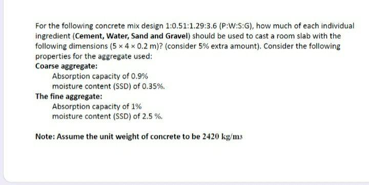 Solved For the following concrete mix design 1:0.51:1.29:3.6 | Chegg.com