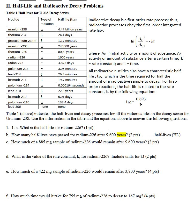 Solved II. HalfLife and Radioactive Decay Problems Table