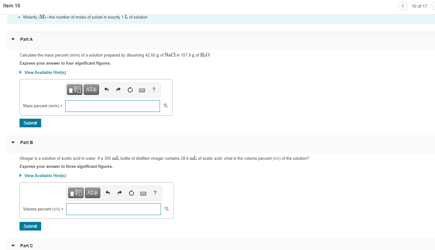 Solved Item 10 10 of 17 Volume percent (v/v) = % Submit Part | Chegg.com