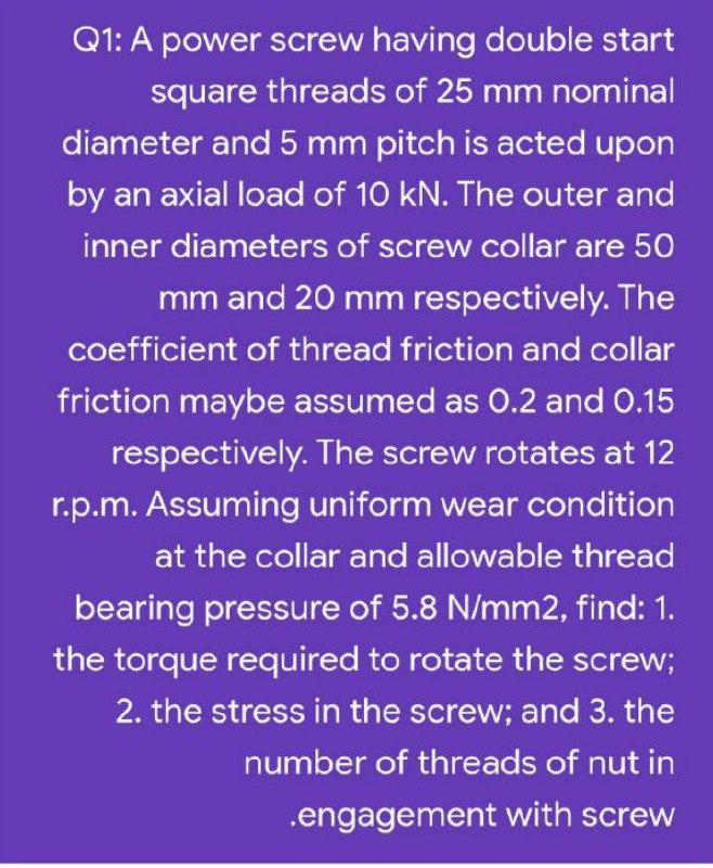 Solved Q1 A power screw having double start square threads