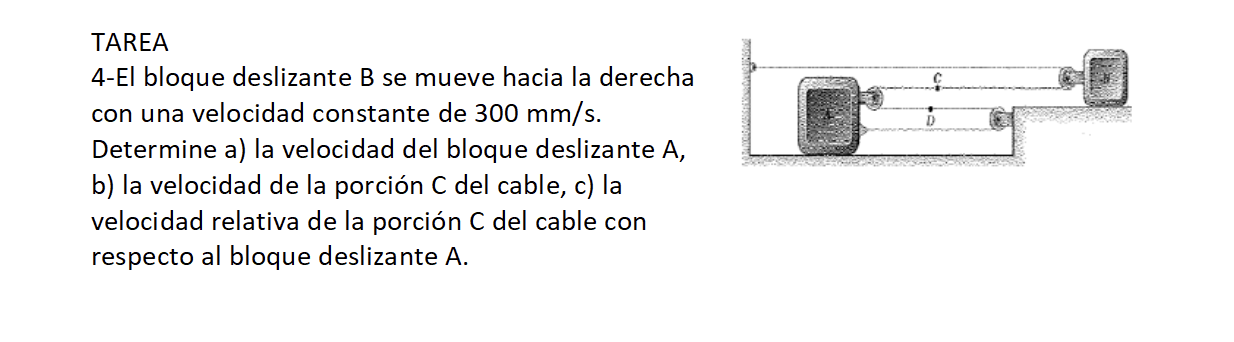 TAREA 4-El bloque deslizante B se mueve hacia la derecha con una velocidad constante de \( 300 \mathrm{~mm} / \mathrm{s} \).