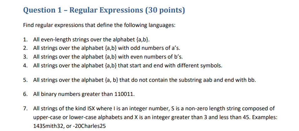 Solved Question 1 - ﻿Regular Expressions (30 ﻿points)Find | Chegg.com