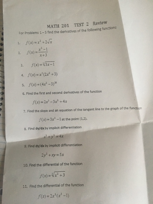 Solved MATH 201 TEST 2 Review For Problems 1-5 find the | Chegg.com