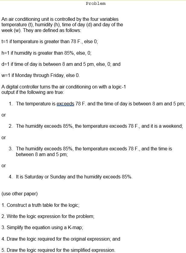 Solved Problem An air conditioning unit is controlled by the | Chegg.com