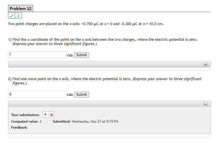 Solved Problem 12 Two point charges are placed on the x | Chegg.com