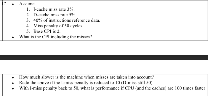 Solved 17. Assume 1. I-cache miss rate 3%. 2. D-cache miss | Chegg.com