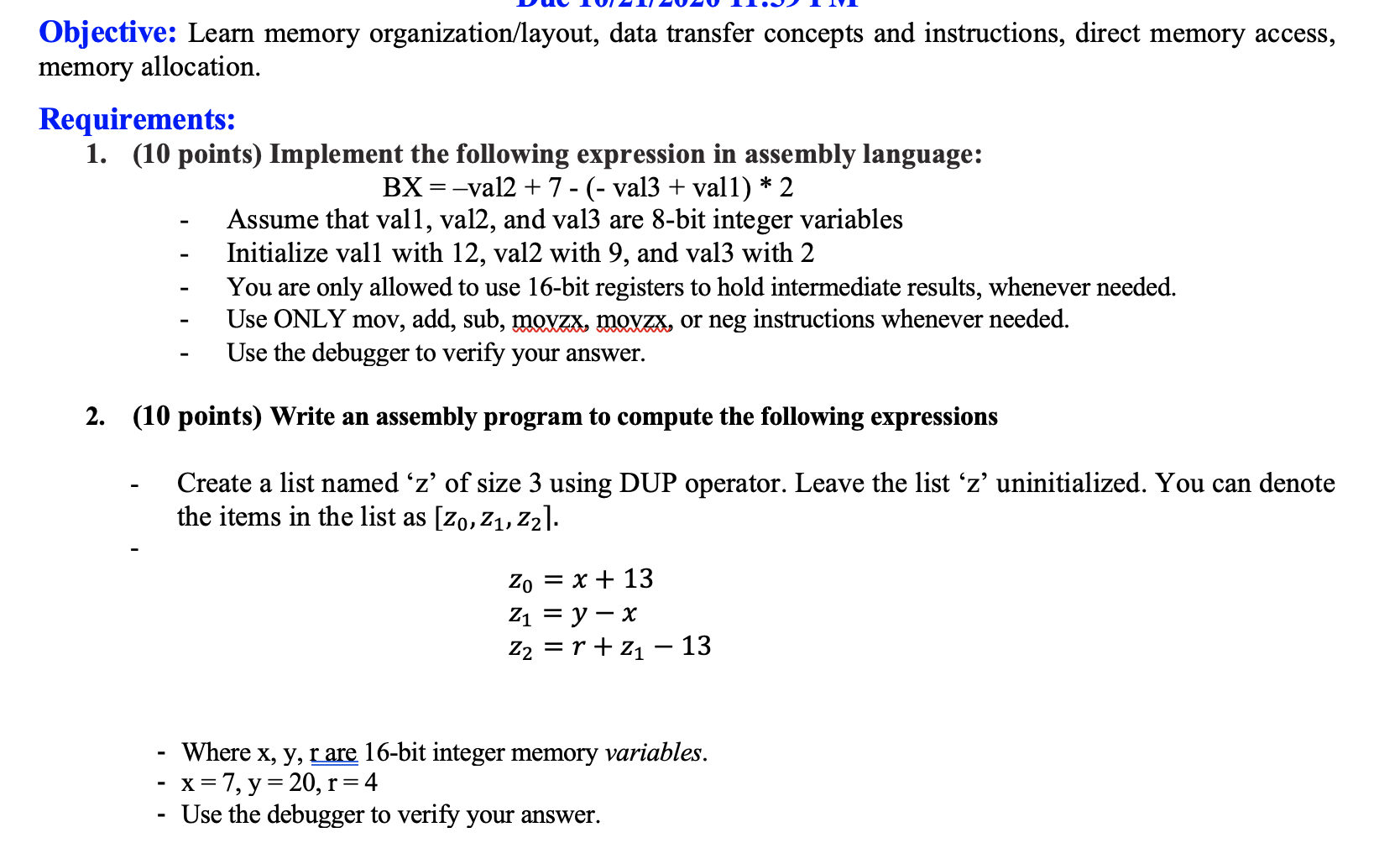 Objective: Learn memory organization/layout, data | Chegg.com image.