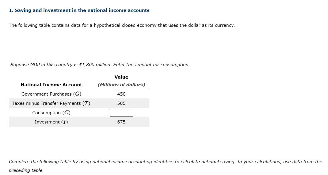 Solved 1. Saving and investment in the national income | Chegg.com