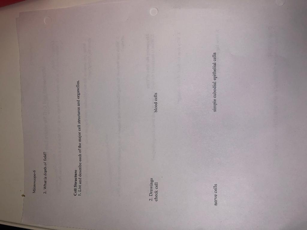 Microscope-6 2. What is depth of field? Cell Structure 1. List and describe each of the major cell structures and organelles.