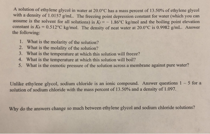Solved A solution of ethylene glycol in water at 20.0°C has | Chegg.com