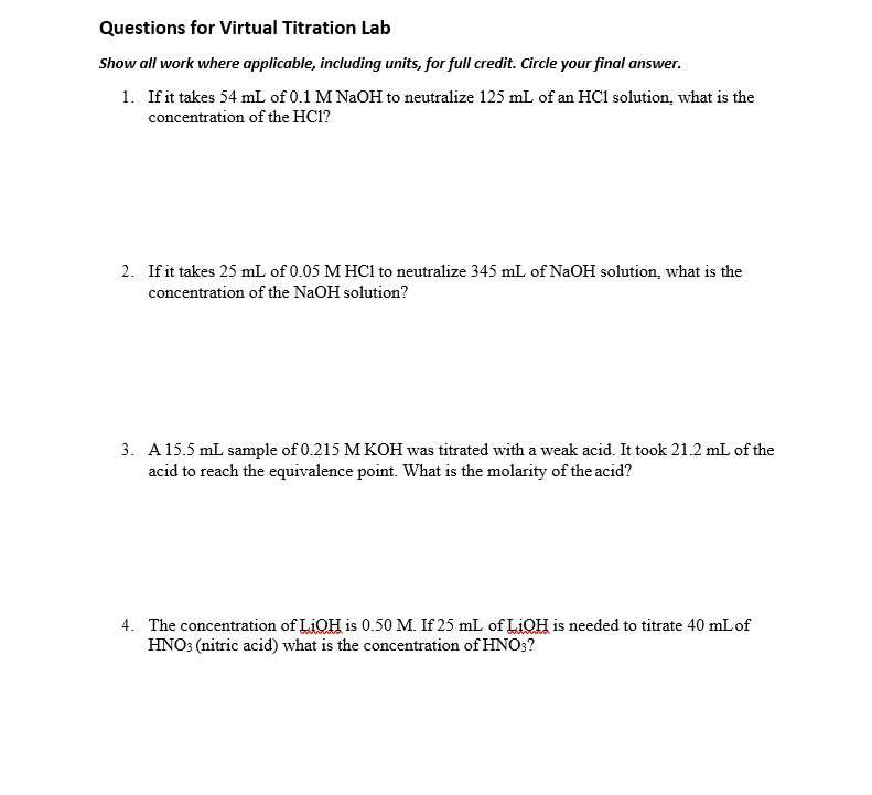 Solved Questions for Virtual Titration Lab Show all work