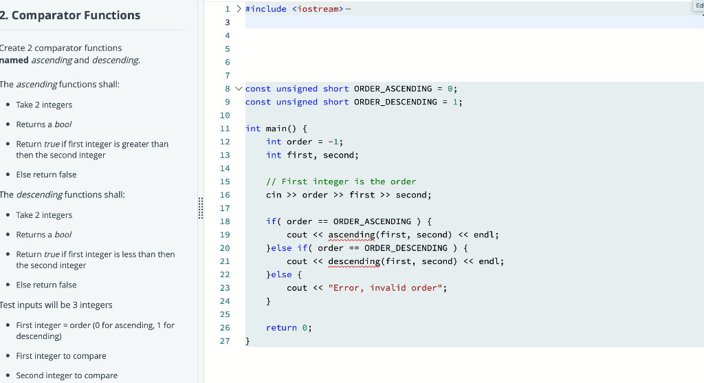 Solved Ed 2. Comparator Functions 1> #include - 3 4 5 | Chegg.com