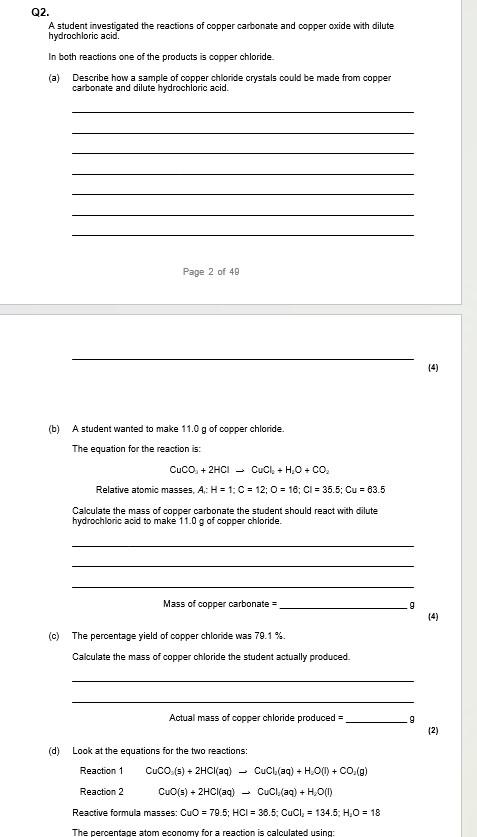 Q2.
A student investigated the reactions of copper carbonate and copper oxide with dilute hydrochloric acid.
In both reaction